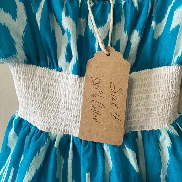 Handmade Children's 100% Cotton Blue Pattern White Elastic Waist Dress - Picture 4 of 10